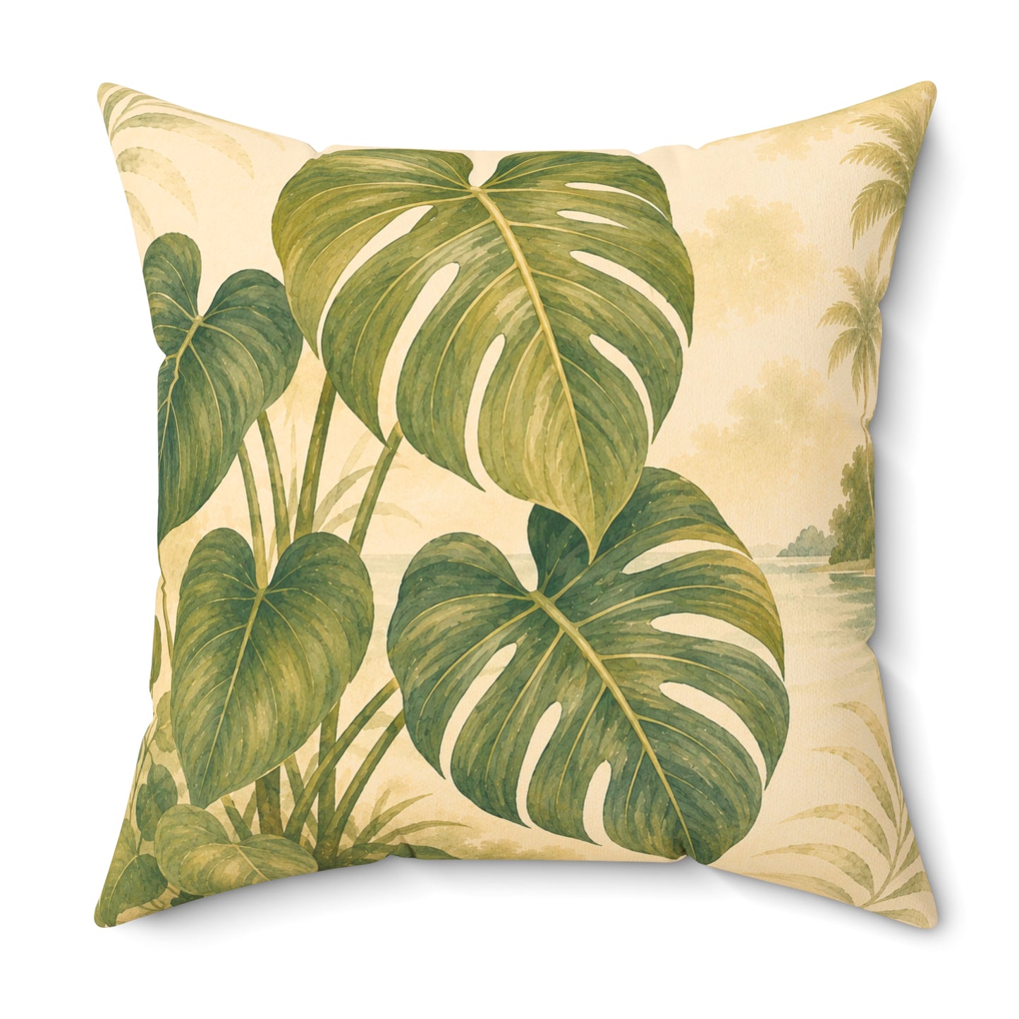 Decorative pillow with green leaf pattern on a beige background