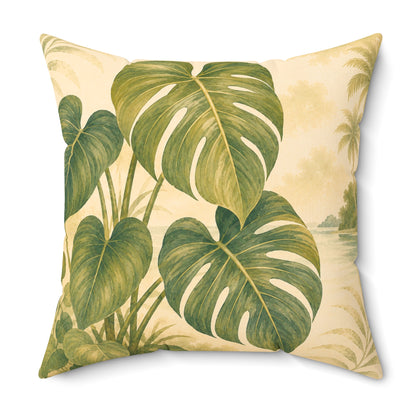 Decorative pillow with green leaf pattern on a beige background