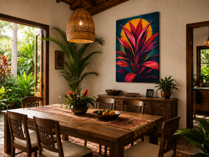 Dining room with wooden table, chairs, and a colorful floral painting on the wall.