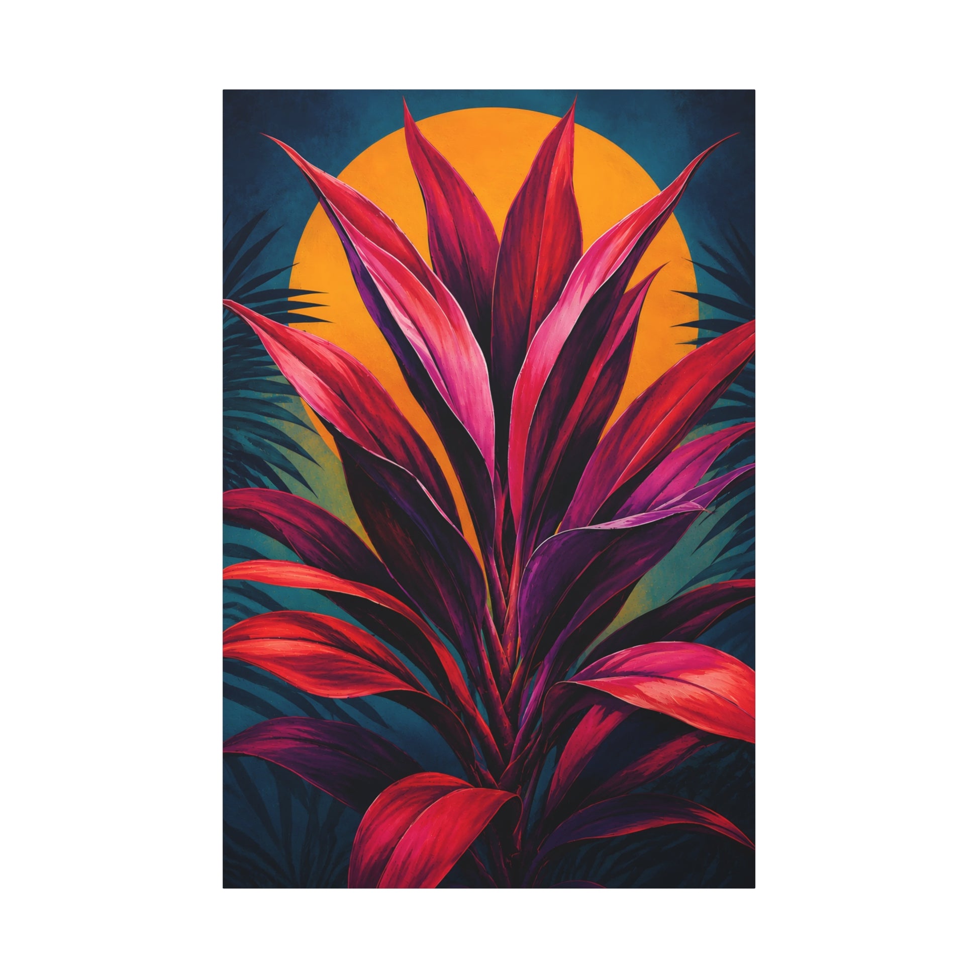 Tropical cordyline plant design with a sun in the background on a white background