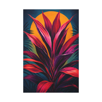Tropical cordyline plant design with a sun in the background on a white background