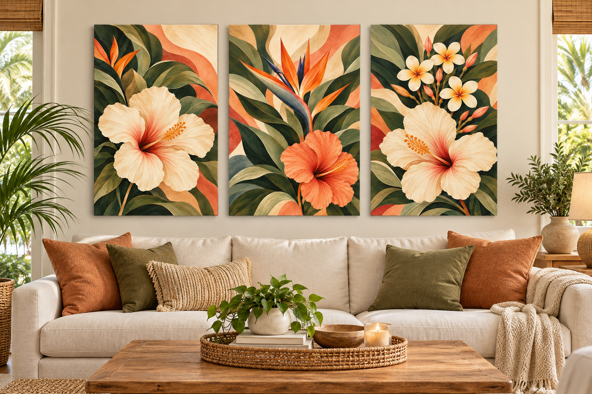 A three-panel canvas wall art set featuring tropical floral designs, displayed above a beige sofa in a styled living room setting.
