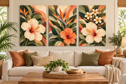 A three-panel canvas wall art set featuring tropical floral designs, displayed above a beige sofa in a styled living room setting.