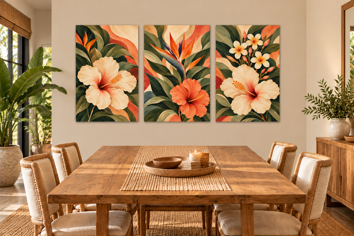A three-panel tropical floral wall art set hangs above a wooden dining table in a styled dining room. The artwork features large cream hibiscus flowers, orange blossoms, and green leaves in a warm, vibrant palette.