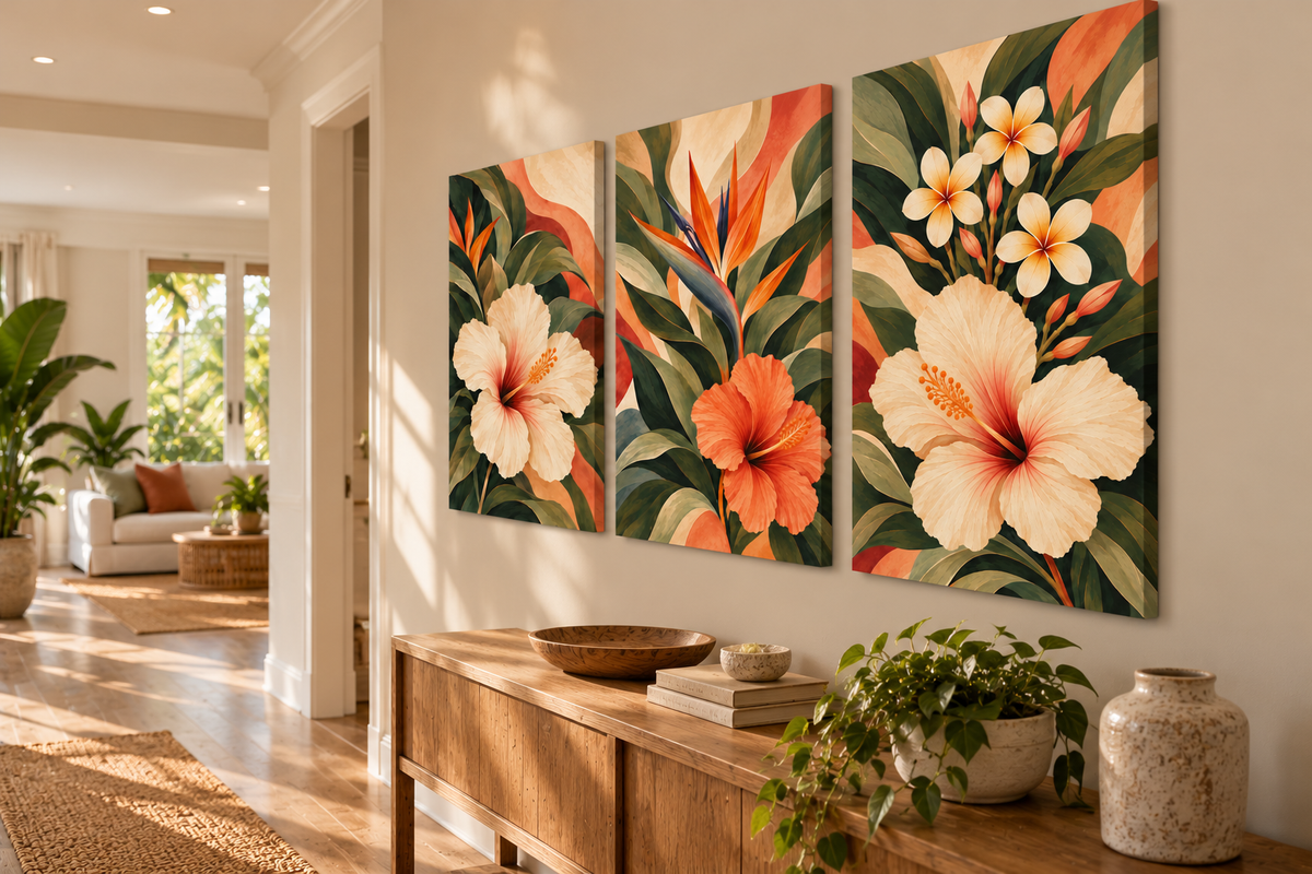 Three-panel canvas wall art featuring a tropical floral design with large cream hibiscus flowers, orange blossoms, and green leaves, displayed on a beige wall above a wooden console table in a bright living room.