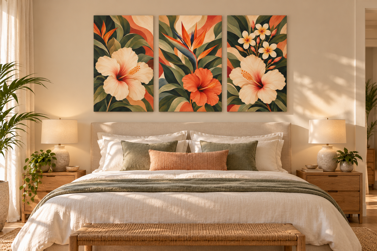 A three-panel tropical floral wall art set hangs above a neatly made bed in a warm, sunlit bedroom. The artwork features large cream hibiscus flowers, orange blossoms, and green leaves on a dark background.