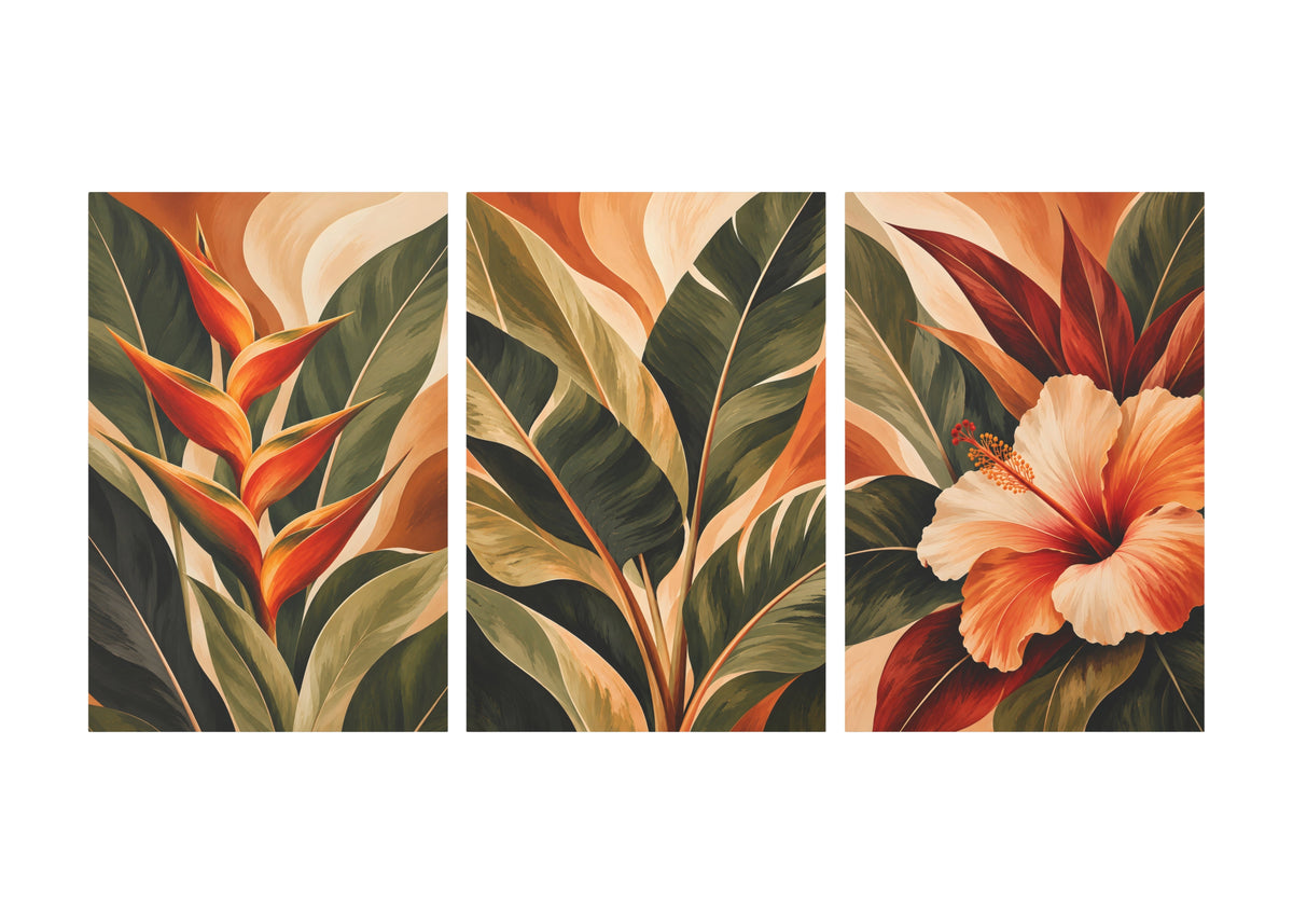 A three-panel botanical wall art set featuring tropical leaves and flowers in warm earthy tones, shown against a plain white background.