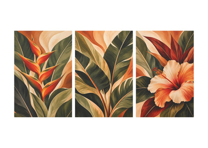 A three-panel botanical wall art set featuring tropical leaves and flowers in warm earthy tones, shown against a plain white background.