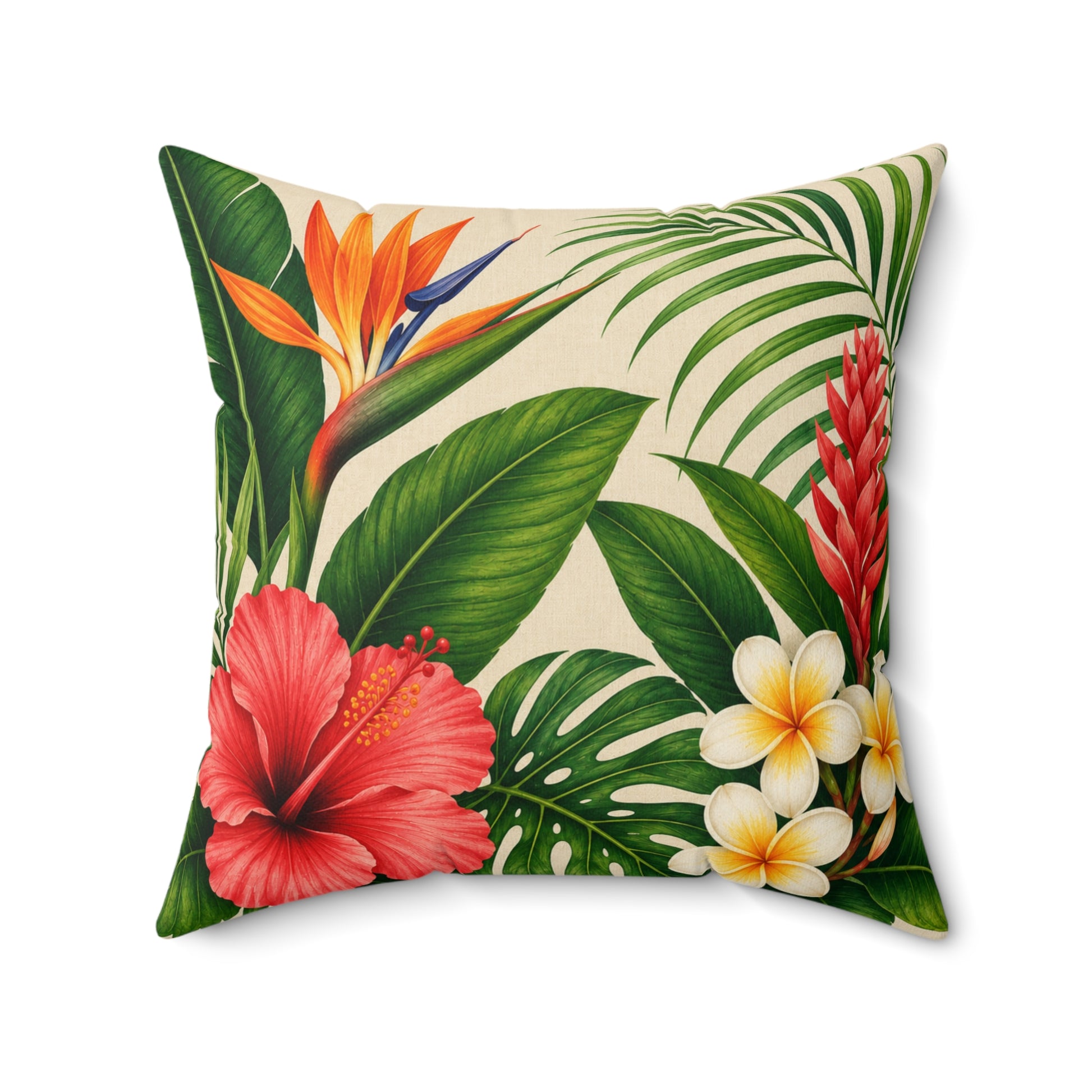 Decorative pillow with tropical flowers and leaves on a white background