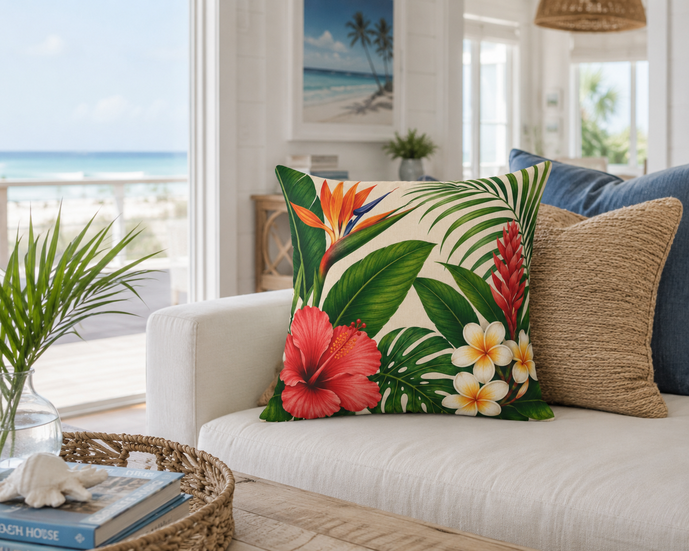 Decorative pillow with tropical flowers on a couch in a bright living room.