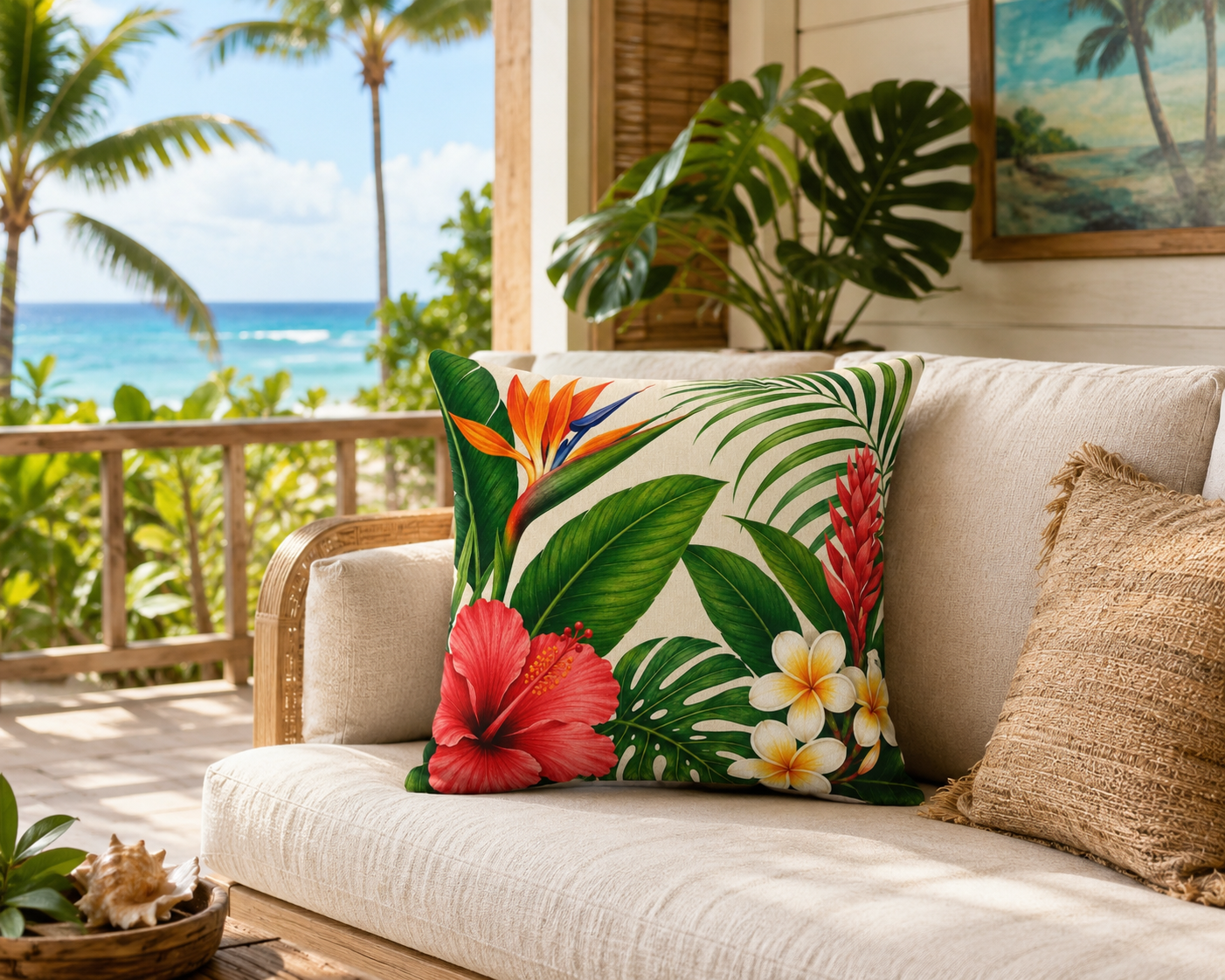 Decorative pillow with tropical floral design on a couch by a beach.