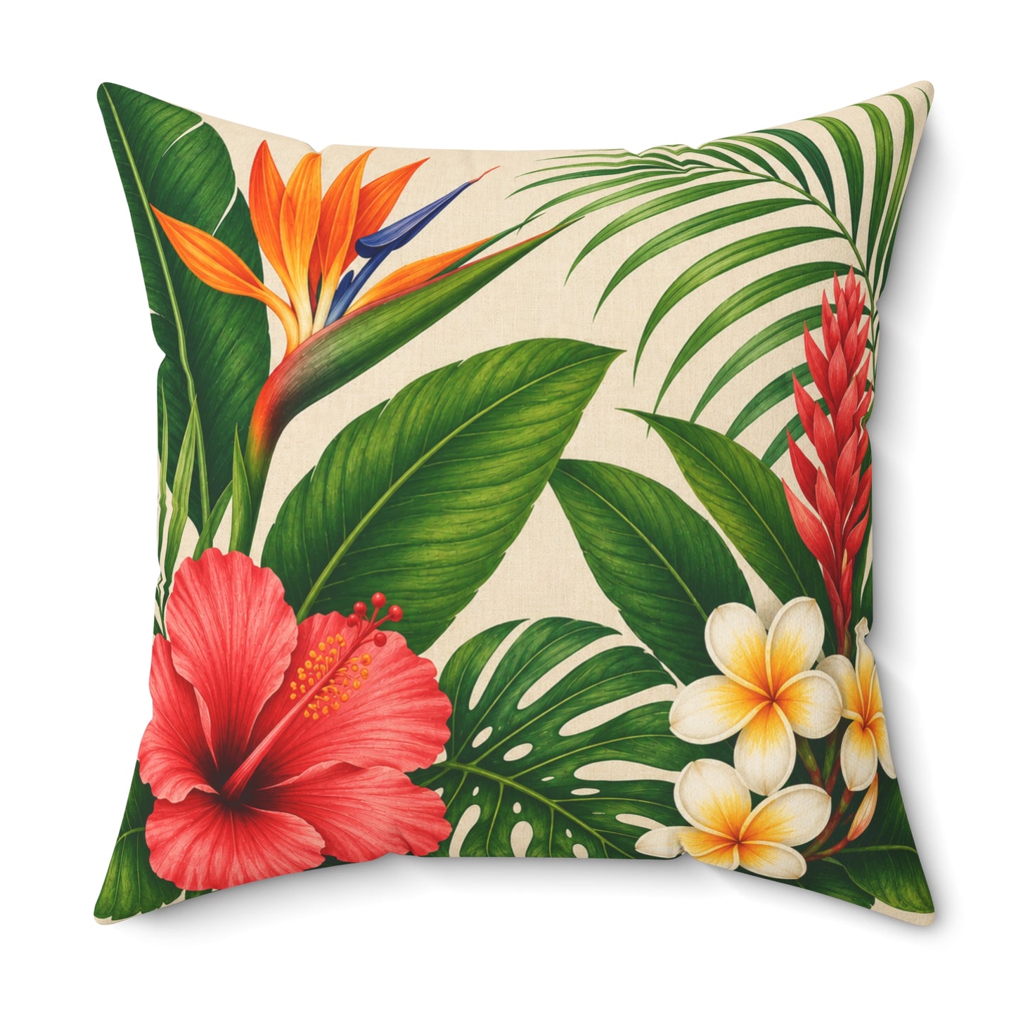 Decorative pillow with tropical flowers and leaves on a beige background
