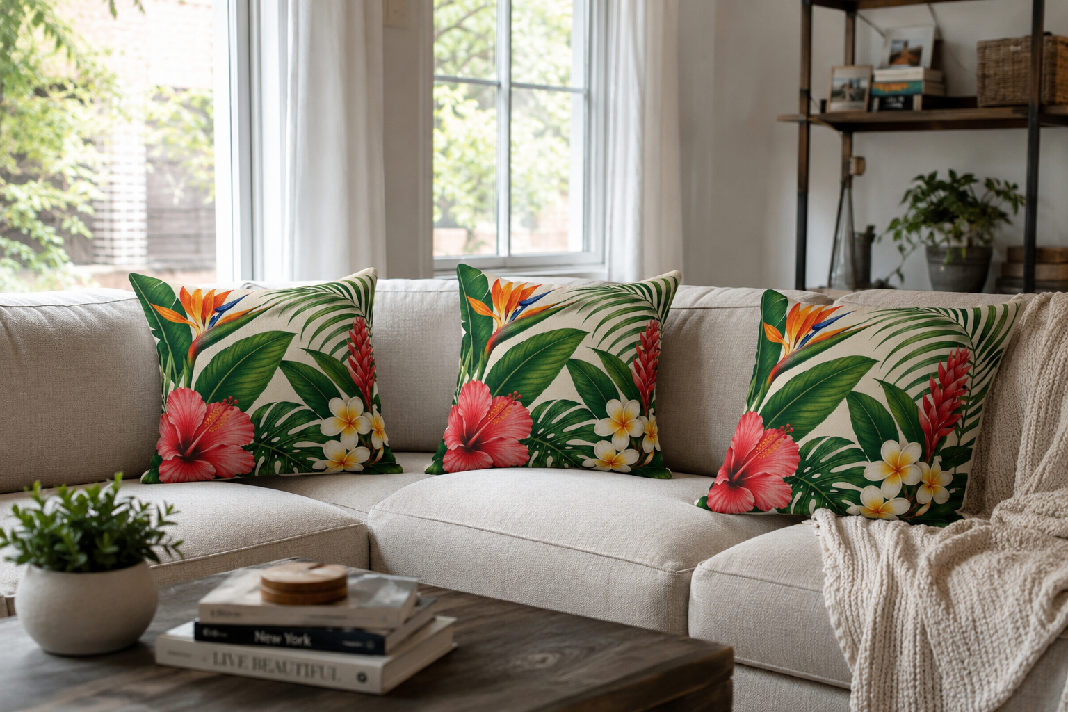 Decorative pillows with tropical patterns on a beige sofa in a living room.